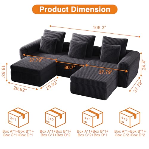 Image of Feonase Modular Sectional Sofa, Cloud Sectional Couch with Deep Seat, 106.3'Modern Modular U Shape Sofa Couch with Chaise, Upholstered Boneless Couches for Living Room Bedroom, Dark Grey