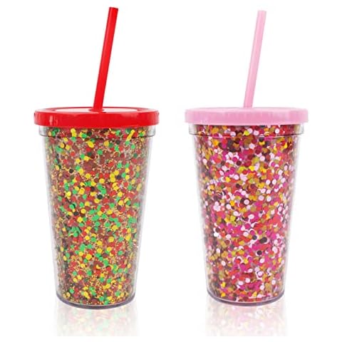 QTOP Tumbler with Lid and Straw, Glitter Tumbler 2 PACK 16 OZ, Double Walled, BPA FREE, Leak-Proof, Easy Care Plastic Cold Bottle with Silicone Seal, Screw On Lid & Reusable Straw - Assorted Colors Cover