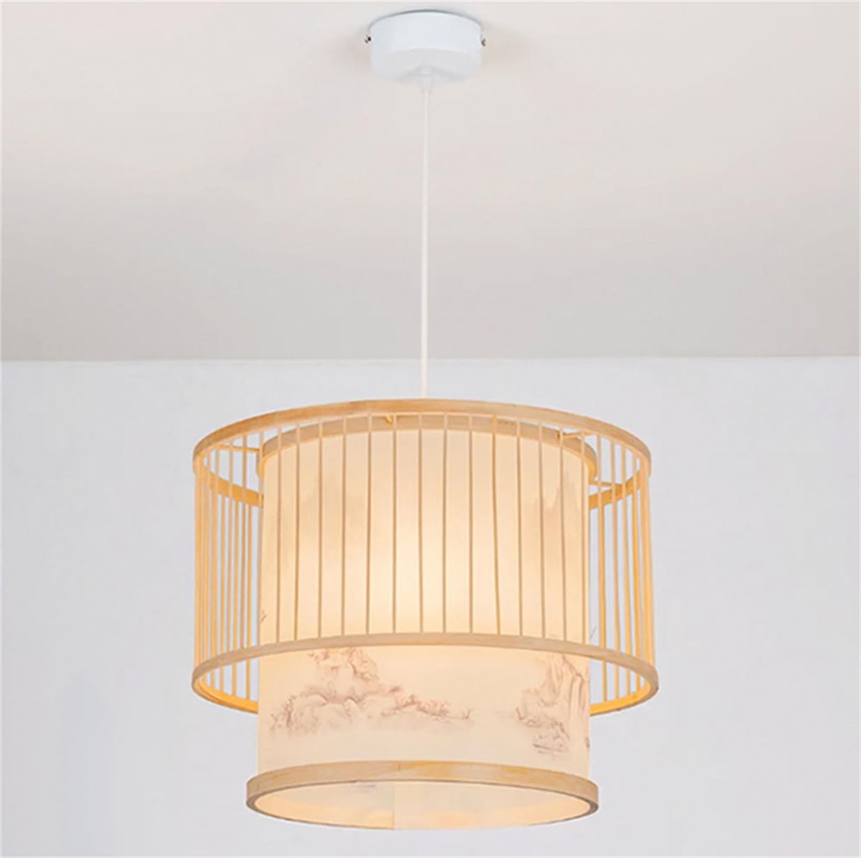 LQZCXMF Restaurant Zen Style Chandelier 1-Lights Boho Bamboo Cage Lantern 15.7" Rustic Bamboo Basket Farmhouse Light Fixtures Natural Wicker Lamp Shade for Bedroom, Dining Living, Entryway, Foyer