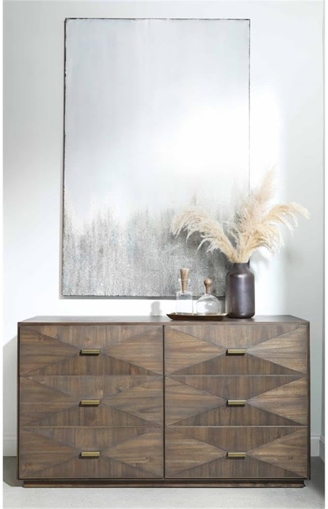 Pemberly Row Contemporary 6-Drawer Acacia Wood Dresser, Burnished Brown Finish, Brushed Gold Accents, 3D Drawer Fronts, Felt-Lined Top Drawers, Double Dresser for Bedroom Storage, 36"H x 64"W x 20"D