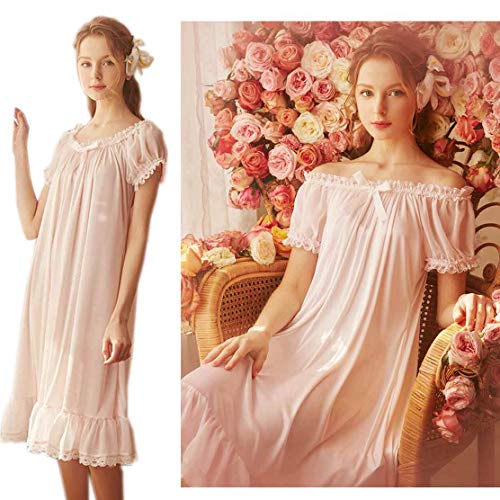 Women's Vintage Nightgowns Nightdress Satin Silk Victorian Sleepwear Bridal Chemises Loungwear Leisure Nighties Pajamas (Pink, Large) #TOP5