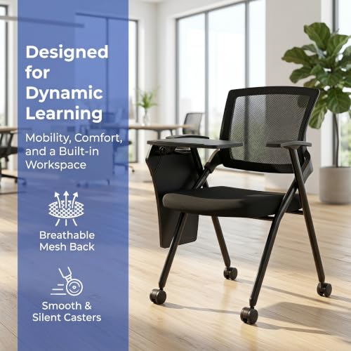 Image of Folding Training Chairs with Desk Attached, Office Meeting Chair with Writing Tablet & Cup Holder, Space-Saving Nesting Stackable Chairs with wheel for Conference Room,Seminar, Classroom Cha