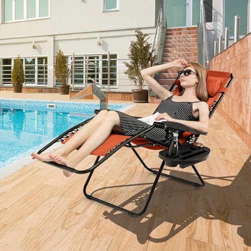 Image of Giantex 2 PCS Zero Gravity Chair, Outdoor Chaise Lounge with Cup Holder, Patio Folding Chairs Recliner for Yard Pool Lawn Balcony, Orange