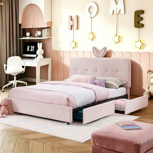Image of Full Led Bed Frame with 4 Storage Drawer, Upholstered Platform Floor Bed with Rabbit Ear Headboard Daybed Strong Wooden Slats No Box Spring Needed for Kids Girls Boys, Pink