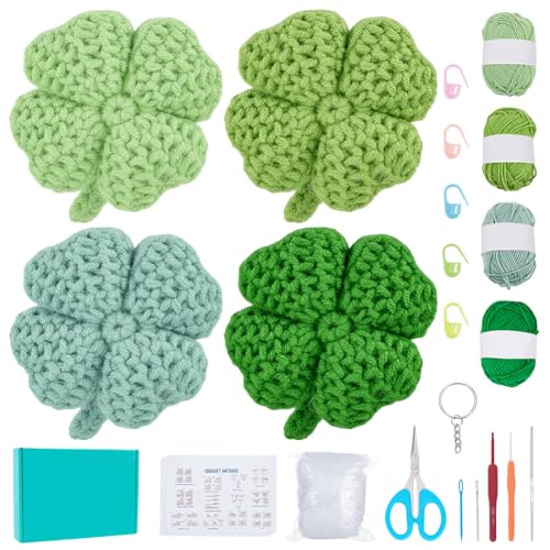 WEBEEDY 4 Sets St.Patrick's Crochet Kit for Beginners Adults,DIY Leaf Crochet Keychain Starter Kit with Step-by-Step Instruction,Learn to Crochet Kits for Knitting Supplies DIY Gift(Four-Leaf Clover)