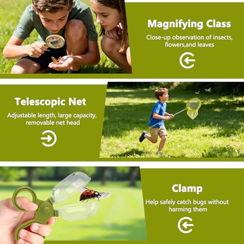 Wooden Bug Catcher Kit for Kids -11Pcs Bug Catching Kit Outdoor Explorer Kit with Carry Bag, Butterfly Net and Other Adventure Sets for Garden Backyard Camping, Gift for Toddlers Girls Boys 3-12