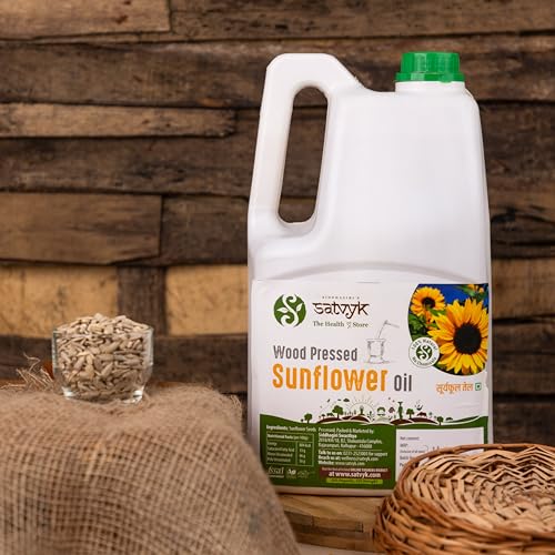 Image of S Siddhagiri's SATVYK THE HEALTH re STORE Wood Pressed Sunflower Oil - (5Ltr Can) - | Unrefined Cooking Oil| Wooden Ghani | High in Anti-Oxidants | Kachi Ghani Sunflower Oil
