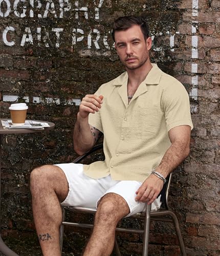 Image of VATPAVE Mens Striped Summer Shirt Casual Button Down Short Sleeve Beach Shirts Cotton Shirts for Men
