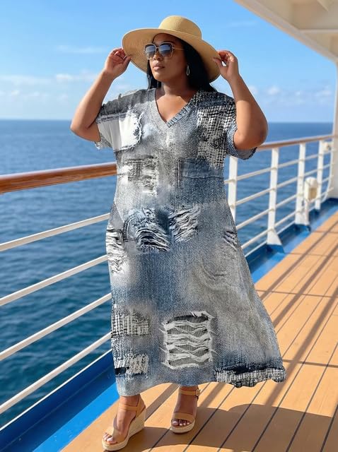 Image of SUZONANA Plus Size Denim Print Maxi Dresses for Women Casual V Neck Short Sleeve with Pockets Soft Jean Look Dress XL-6XL