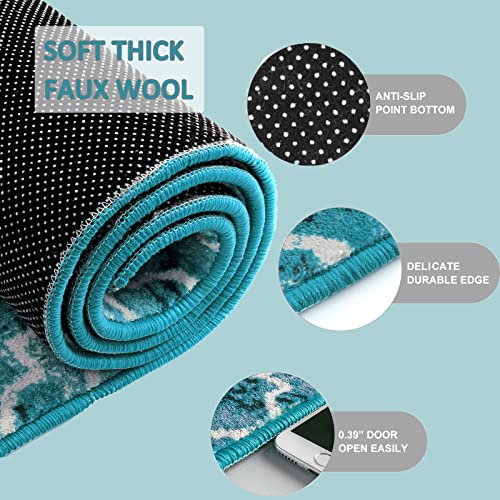 Wonnitar Moroccan Washable Area Rug - 3X5 Teal Distressed Entry Rug Living Room Modern Geometric Non-Slip Throw Rug Faux Wool Floor Carpet For Bathroom Laundry Bedroom Office Entrance Dining #TOP2