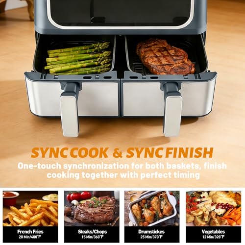 KMFurnila 2 Baskets Air Fryer 9.5 QT, 10 in 1 Dual Air Fryers with Ceramic Crisper Plate, 80-450°F Wide Temp, Smart Cooking Mode with Match & Sync Cook, Shake Reminder, Roast, Defrost, Bake, Grey by KMFurnila - Image 6