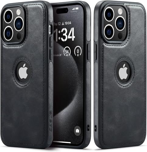 Étui cuir iPhone 15 Pro Max anti-rayure avec logo visible noir chic