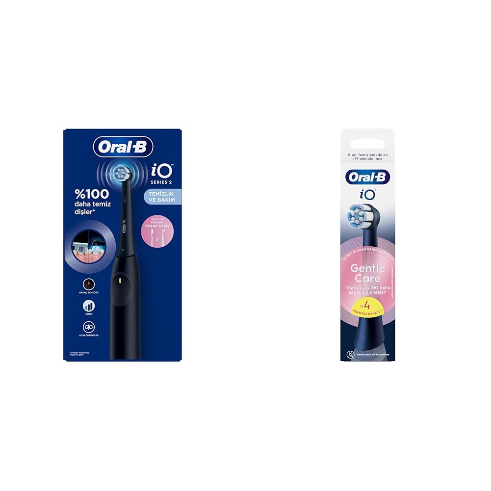 Oral-B iO 2 Şarjlı Diş Fırçası – Gece Siyahı + Oral-B iO Gentle Care Siyah Diş Fırçası Yedek Başlığı 4 Adet