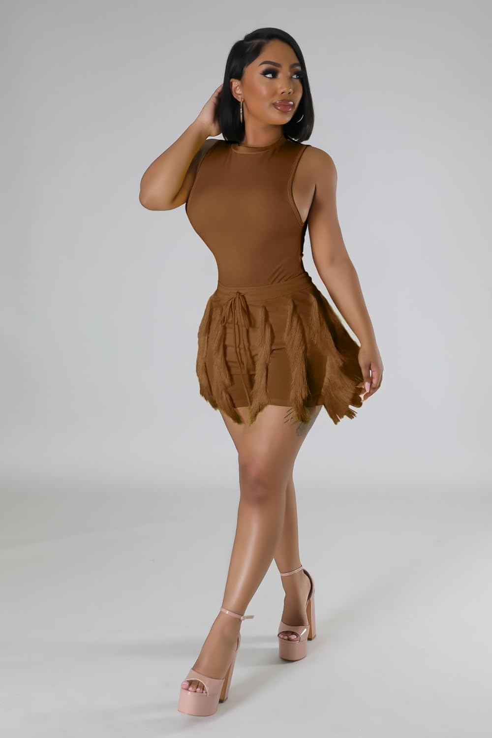 Two Piece Outfits for Women Casual Solid Sleeveless One Piece Tank Tops Fringe Pants Drawstring Shorts Jumpsuits - Image 7