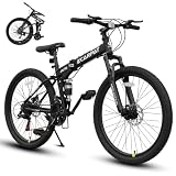 Ecarpat 26 Inch Folding Mountain Bike for Adults, High Carbon Steel, 21 Speed Dual Disc Brakes, Full Suspension Durable Folding Bicycle for Women and Man