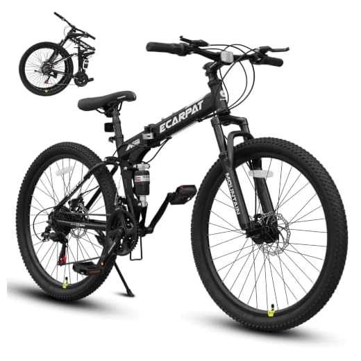 Ecarpat 26 Inch Folding Mountain Bike for Adults, High Carbon Steel, 21 Speed Dual Disc Brakes, Full Suspension Durable Folding Bicycle for Women and Man