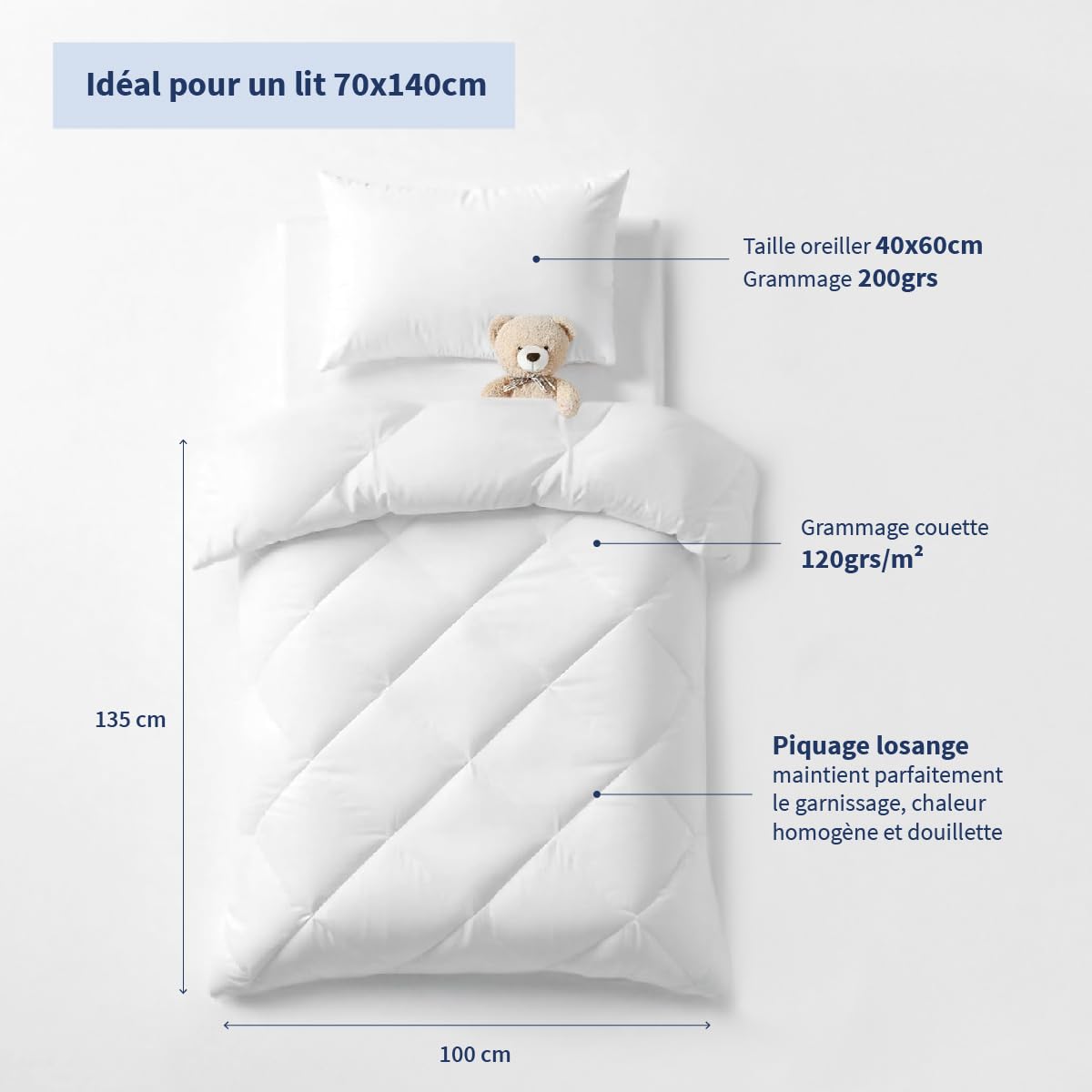 Bleu Câlin Pack Bébé Couette légère 100x135 cm + Oreiller Moelleux 40x60 cm pour Lit Bébé 70x140 cm - Lavable à 95°C - Certifié Oeko-Tex