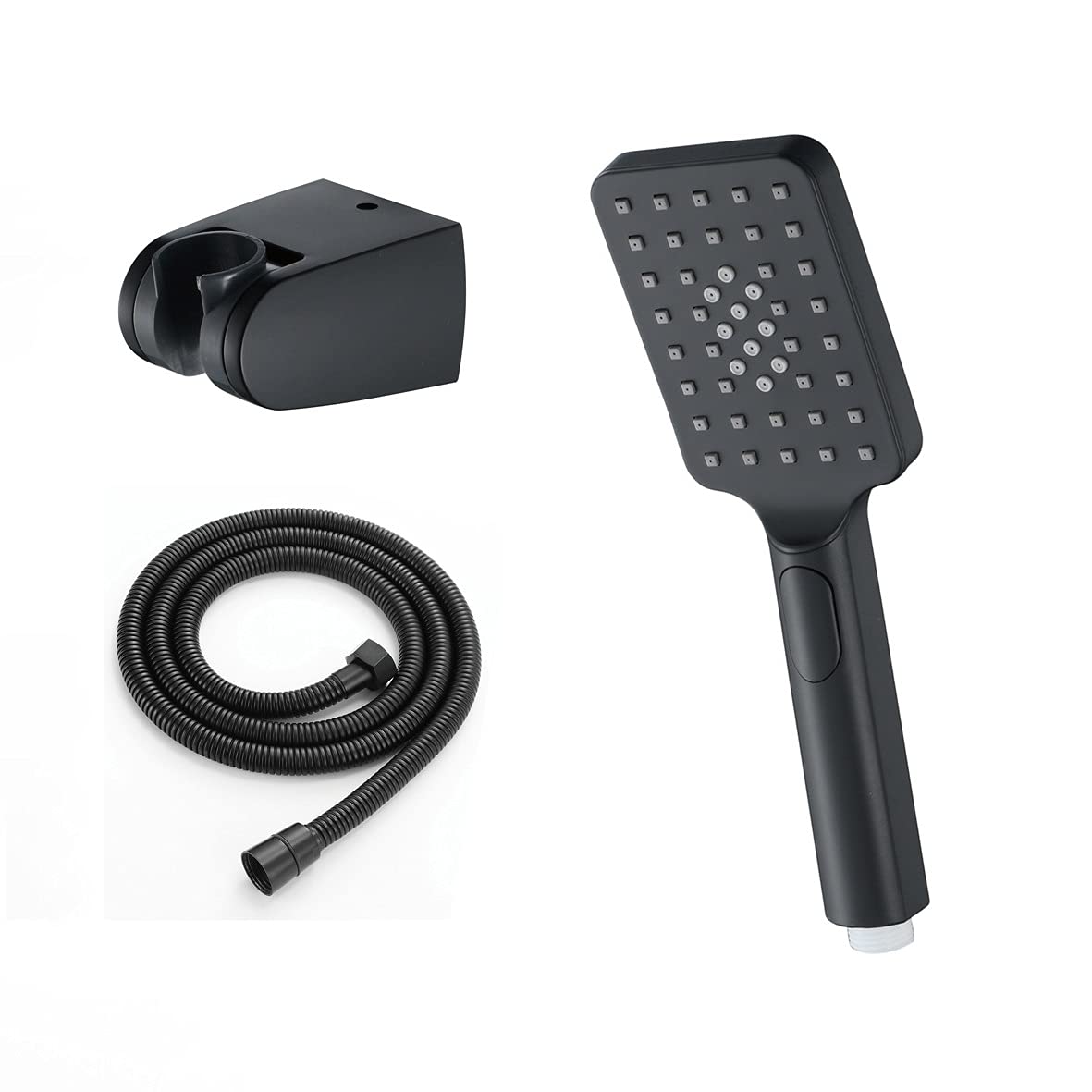 Juego de alcachofa de ducha portátil negra – Cabezal de ducha cuadrado ABS que ahorra agua con manguera de acero inoxidable de 1,5 m y soporte, fácil instalación, ideal para el hogar y viajes