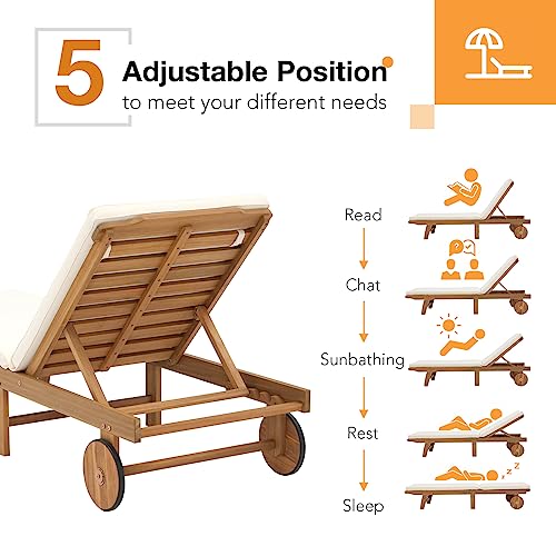 Image of Patiorama Patio Acacia Wood Chaise Lounge Chair of 4, Pool Chair, Cream | Foldable Lounge Chair Recliner with Adjustable Backrest, Wheels,Padded Cushion Portable Sun Lounger for Pool, Deck, Lawn