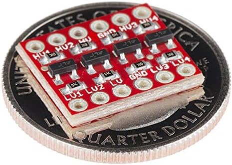 SparkFun Bi-Directional Logic Level Converter placed on a quarter coin, illustrating its compact size.
