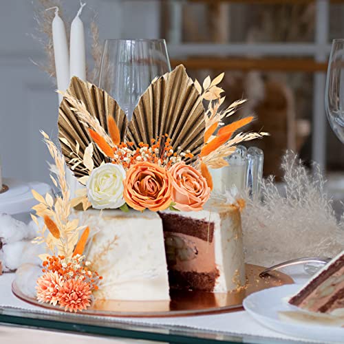 Tallew 28 Pcs Boho Cake Topper Decorations Vintage Artificial Rose Flowers Leaves For Decorating Kit Dried Faux Flower Decor Bohemian Wedding Bridal Baby Shower Birthday Party Supplies (Orange) #TOP3