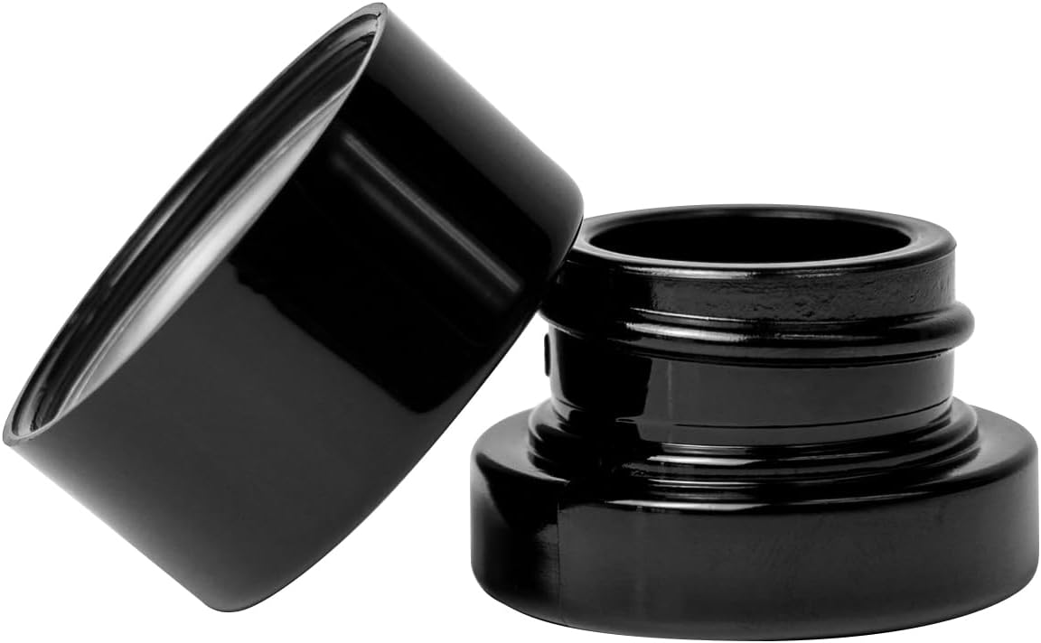 200 Pack Black 5ml Glass Jars with Lids - Thick Clear Child-Proof Containers for Lip Balm, Oils, Wax, and Cosmetics - Black Lids - Ideal Bulk 5ml Glass Jar and 1 Gram Glass Jar