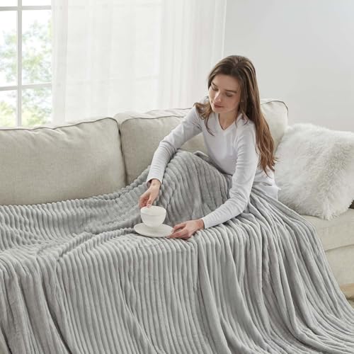 Image of Nestl Light Grey Throw Blanket for Couch - Cozy Warm Fuzzy Blankets for Women, Set of 2 Small Fleece Throws for Girls - Silver, 50 x 60 Inches