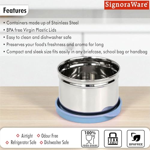 Image of SignoraWare Mini Fresh Stainless Steel Small Container | Airtight & Leakproof | Compact & Travel-Friendly | Easy to Carry | Perfect for Office, School & Home Use (140ml | EBlue)