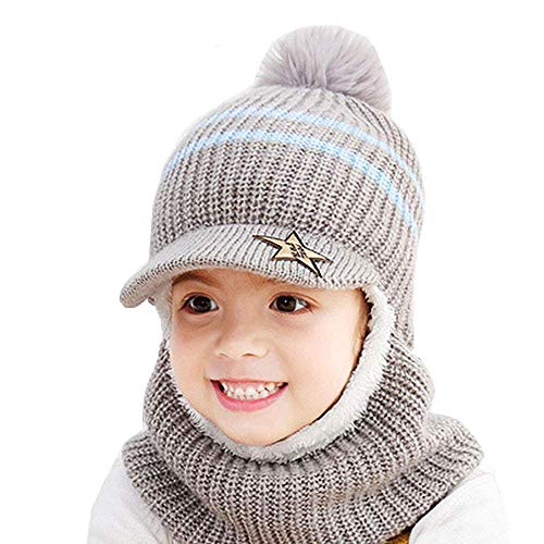 MIAOHAIYAN Baby Winter Warme Mütze Schal Kleinkind Mädchen Jungen Ohrenklappen Kapuze Sturmhaube Kinder Fleece Futter Strickpompon Mütze mit Visier Ski Schneekappen,Grau Cover