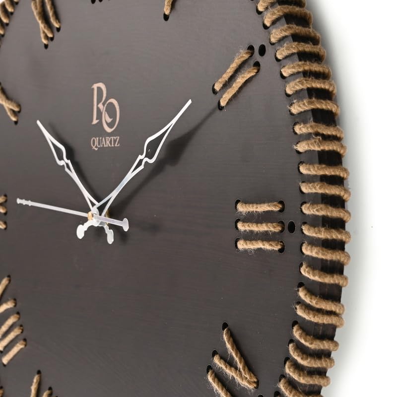 Image of Wooden Round Shape Roman Dial Wall Clock with Golden Jute Detailing and Silver Hands | Silent Quartz Movement Anti Reflection Analog Vintage Clock for Home and Office (Black, 15.5 Inch)