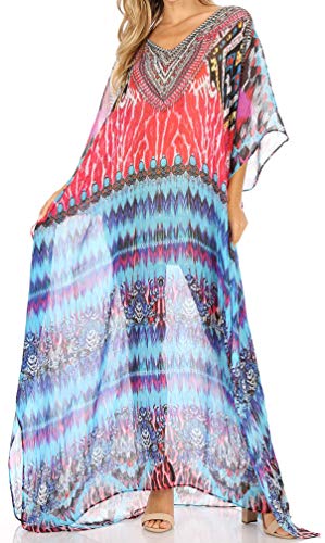 Sakkas P4 - LongKaftan Wilder Printed Design Long Semi Sheer Caftan Dress/Cover Up - um232-multi - OS