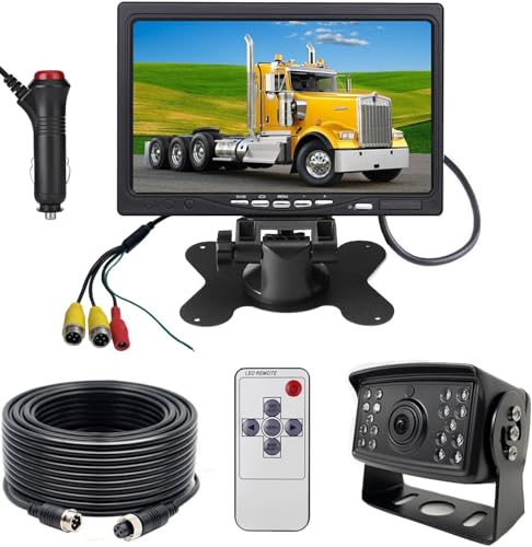12V 24V Vehicle Rear View Backup Camera and 7'' HD TFT LCD Reversing Monitor System for RV Truck Trailer, Waterproof Night Vision Reverse Camera, with 33ft 4Pin Aviation Connector Cable