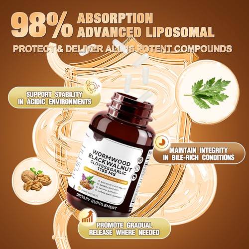 Image of 16-in-1 Black Walnut Wormwood Capsules, 30 Day Supply, 1155mg Serving, Rapid Gut Cleanse & Digestive Health with Clove Garlic Turmeric, Liposomal Delivery 98% Absorption, Vegan Gluten-Free