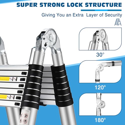 16.5 FT A Frame Telescoping Ladder, Adjustable Multi-Purpose Collapsible Extension w/Balance Bar & Wheels, Heavy Duty 330 lbs Max Capacity, Ideal for Home and Outdoor Work, Silver - Image 5