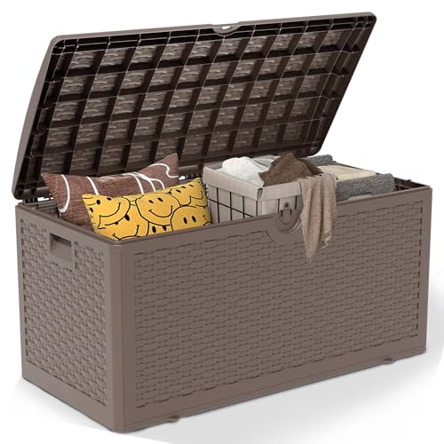 80 Gallon Pro Outdoor Storage Box Waterproof Lockable Resin Deck Box Large, Patio Storage Bin for Pool Accessories Cushion Furniture, Garden Tools, UV-Resistant Outside Delivery Brown