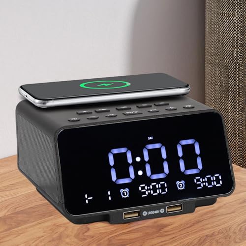 Diyeeni Altavoz de Reloj de Radio Digital, Carga Inalámbrica, Altavoces Dobles Incorporados, Radio FM, Campana de Reloj Personalizada, Dos Períodos Establecidos, (Enchufe de la UE)