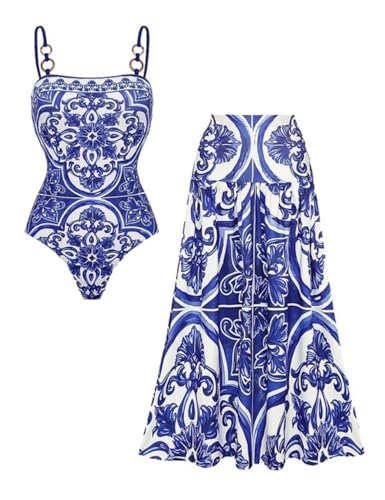 FLAXMAKER Womens One Piece Sling Classic Majolica Adjustable Bathing Suits Back Lace up Swimsuit with Skirt/Shorts(Blue #1 Skirt L)