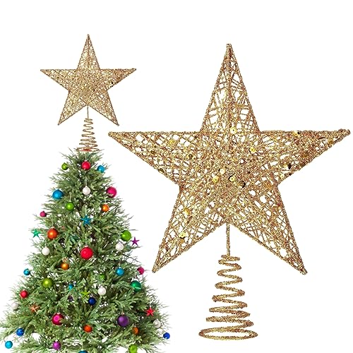 Punta di Albero di Natale in Metallo, Punta di Albero in Metallo a Forma di Stella, Punta di Albero Glitterata, Lampada per Corona di Albero, Decorazione Natalizia, 20 cm, Oro