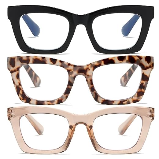 FSRTEP Stylish Readers for Women 3 Pack Reading Glasses with Blue Light Blocking and Spring Hinge HBK +1.25
