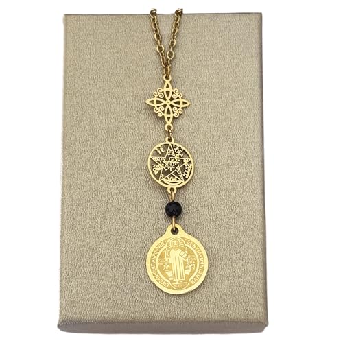 Simboliks Colgante Triple Protección Espiritual – Medalla San Benito, Tetragrámaton y Nudo de Bruja – Acero Inoxidable – Amuleto contra Mal de Ojo, Envidia y Energías Negativas – Unisex