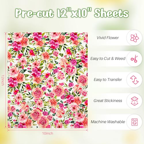 Image of HTVRONT Floral Heat Transfer Vinyl - 12 inchx10 inch Watercolor Flower HTV Sheets | 11 Packs Pattern Iron On Vinyl with 1 PTFE Sheet, Patterned HTV Vinyl Bundle for Spring Clothing Costume