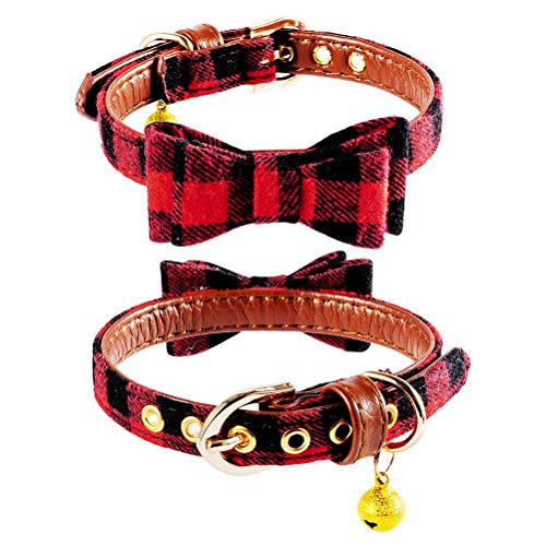 Image of EXPAWLORER Dog Collar and Leash Set - Classic Plaid Dog Bow Tie and Dog Bandana Collar with Bell, Tangle Free, Adjustable for Small to Medium Dogs and Cats, Holiday Ideal Gift