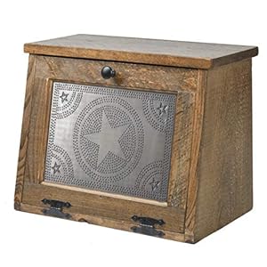 Rustic Wood Bread Box Large Kitchen Counter Storage Punched Star Tin Primitive decor Interior Shelf Wooden Country Farmhouse Breadbox Natural Wood