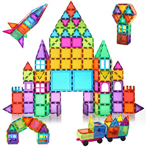 BMAG 120 PCS Magnetic Building Blocks, 3D Magnet Building Tiles, STEM Construction Building Set, Stacking Toys with 2 Car
