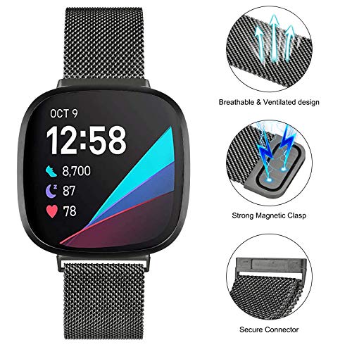 Image of Amzpas Bands Compatible with Fitbit Versa 3 Fitbit Sense, Breathable Stainless Steel Loop Mesh Magnetic Adjustable Wristband for Fitbit Versa 3 / Sense for Women and Men