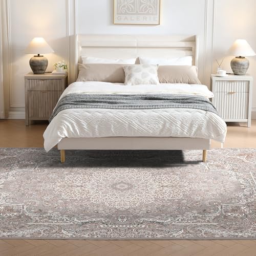 Vintage 9x12 Washable Area Rug, Low-Profile Large Area Rug with Non-Slip Backing & Durable Edge Binding, Pet-Friendly Carpet, Large Rug for Living Room, Bedroom & Dinning Room