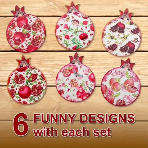 Image of 6 pcs Set Unique Pomegranate Pattern Coaster, Wooden Desktop Beverage Holder, for Coffee and Drinks, Home Decoration Gift,