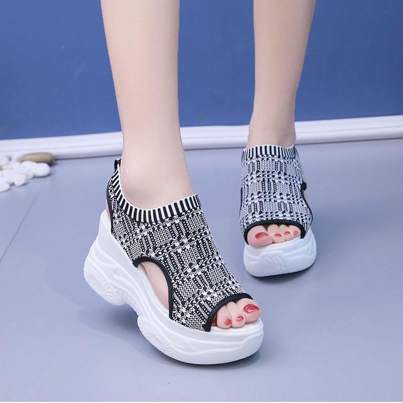 Women's Solid Color Casual Sandals, Platform Elastic Soft Sole Knitted Walking Shoes, Heightening2