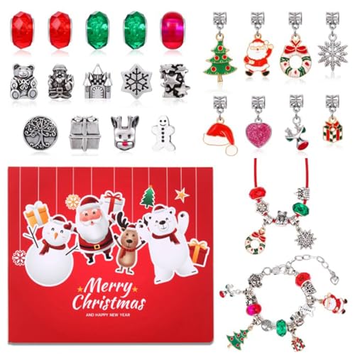 Byuexhp Braccialetto del calendario 'avvento di Natale, conto alla rovescia di 24 giorni per Natale, kit di creazione di braccialetti con ciondoli per donne, per feste di compleanno, San