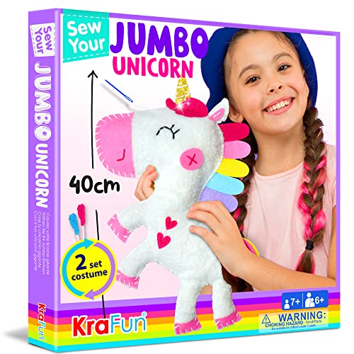 KRAFUN Big Jumbo Unicorn Animal Sewing Kit for Kids Beginner My First Art & Craft, Includes 1 Stuffed Doll with 2 Costumes, Instructions & Plush Felt Materials for Learn to Sew, Embroidery, Age 7-12